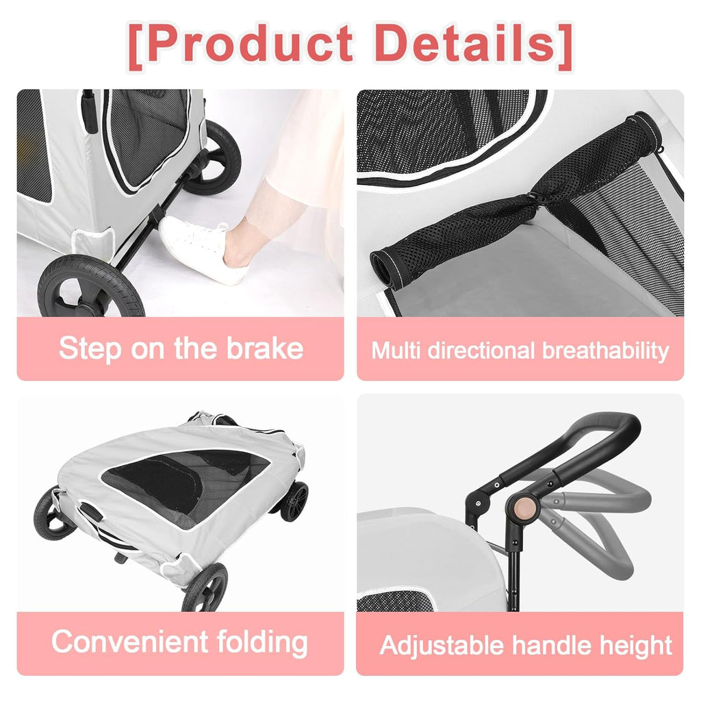 Large Dog Travel Stroller with 4 Heavy Duty Wheels Pet Stroller with Adjustable Handle - Double Doggie Capacity Jogger Wagon with Back Front Door for Small Medium Large Dogs (Grey)