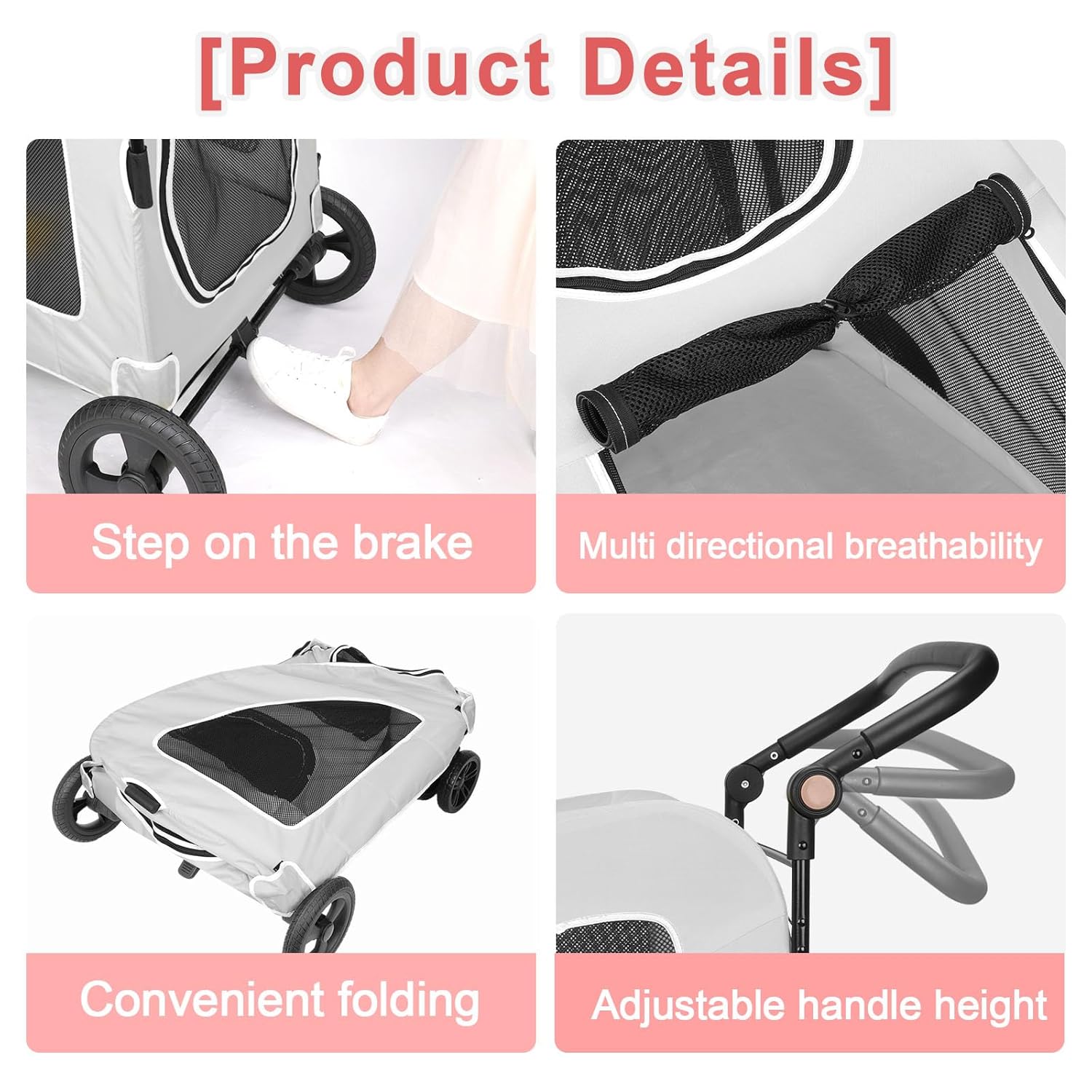 Large Dog Travel Stroller with 4 Heavy Duty Wheels Pet Stroller with Adjustable Handle - Double Doggie Capacity Jogger Wagon with Back Front Door for Small Medium Large Dogs (Grey)