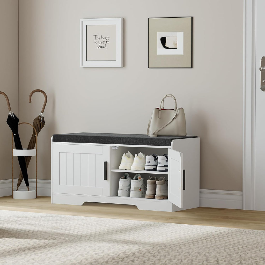 2-Tier Storage Bench, Shoe Bench with Thickened Padded Seat Cushion, Entryway Bench with 2 Doors, Adjustable Shelf, 13.8" D x 37.4" W x 18.5" H, for Entryway, Living Room, Bedroom, White