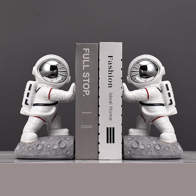 Space Theme Bookends - Astronaut Kids Book Stoppers, Heavy Duty Resin Bookends for Shelves (D-Silver Color)