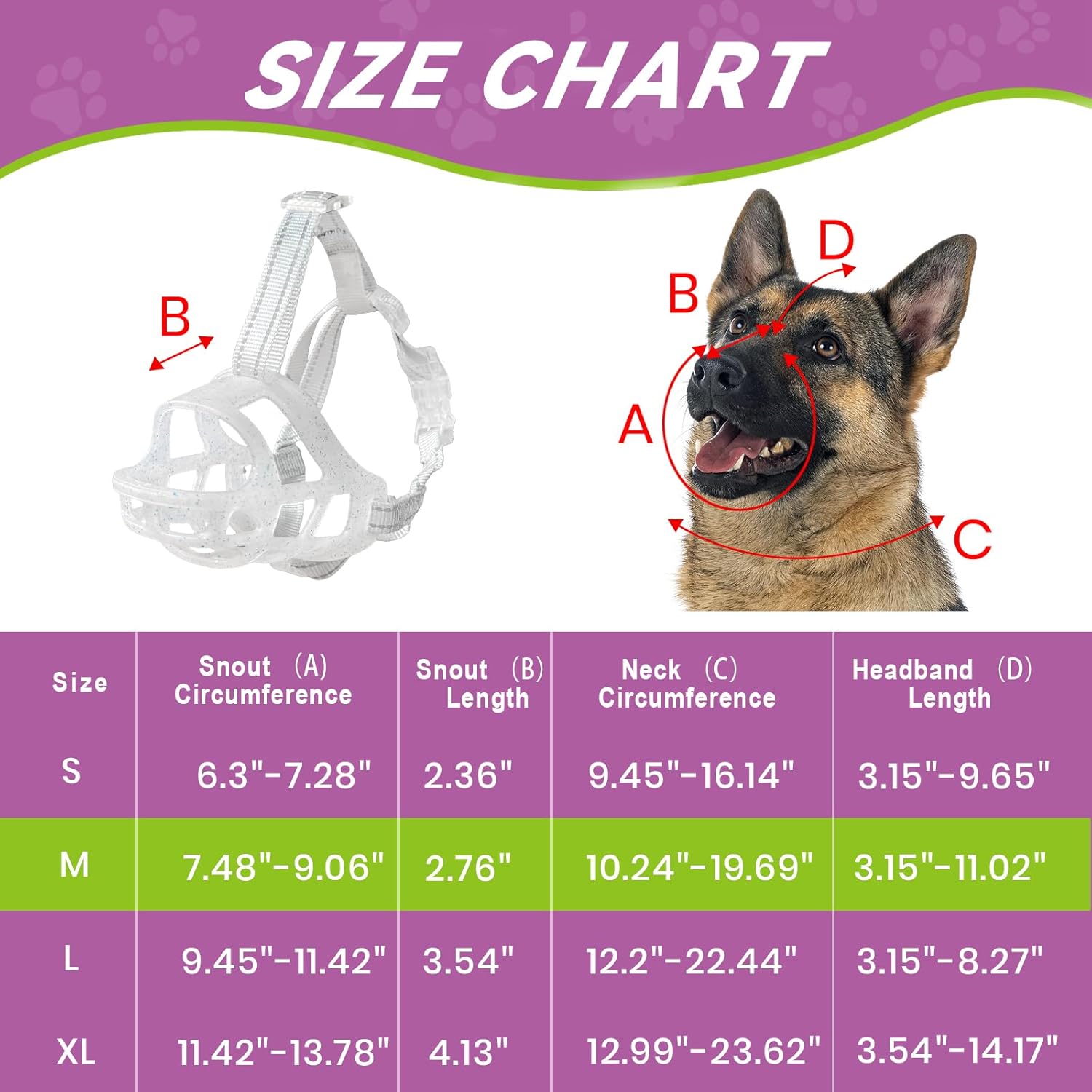 Glow-in-The-Dark Dog Muzzle, Basket Muzzle for Small Medium Large Dogs,Anti-Biting Chewing, Lightweight Cage Design,Allows Drinking & Panting,for Grooming & Training (Transparent Size M)