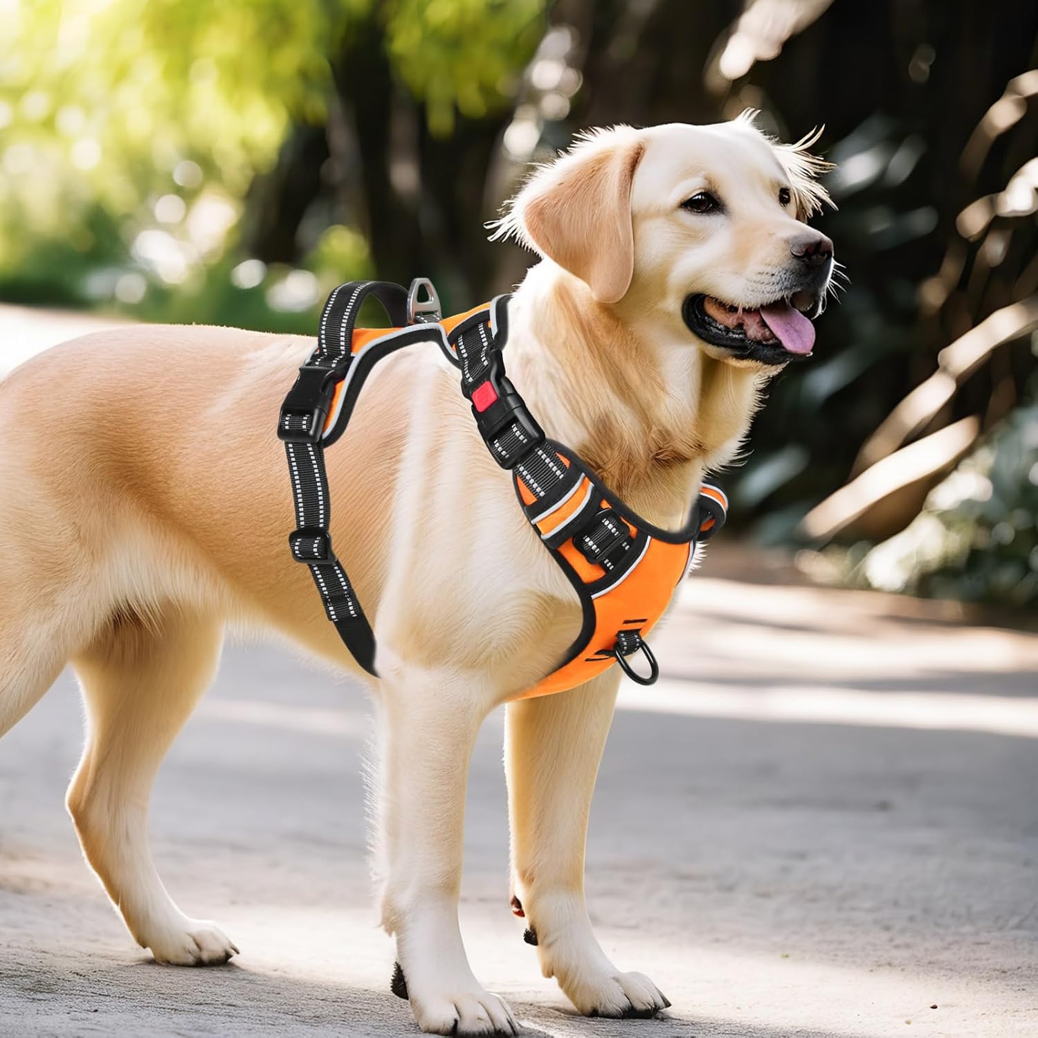 Timos Dog Harness Large Sized, No Pull with Neck Lockable Snap,No Choke Front Clip Dog Reflective Harness,Adjustable Metal Rings 3 Buckles,Easy Control Handle for Large Dogs Orange L