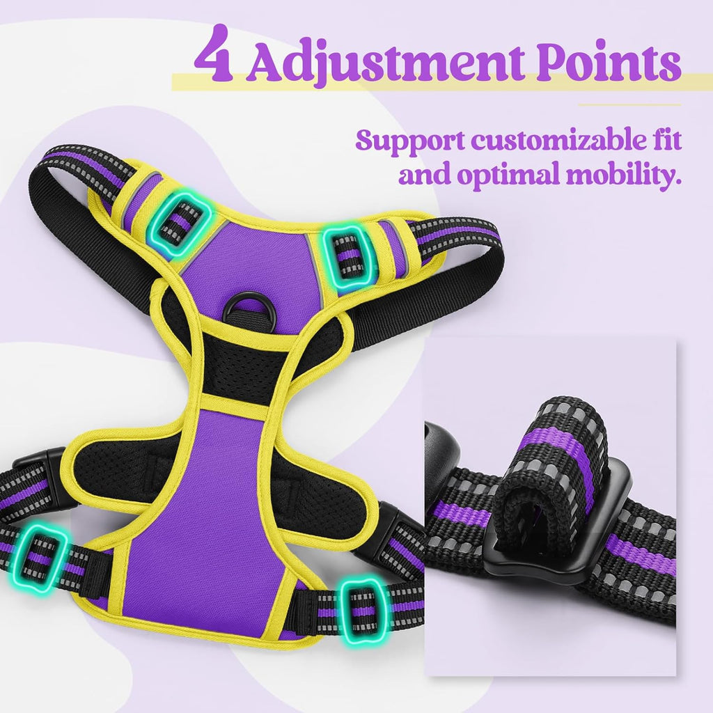 rabbitgoo Dog Harness No Pull with 2 Leash Clips, Adjustable Soft Padded, Reflective Oxford No Choke Pet Vest with Easy Control Handle for Small Dogs, Purple & Yellow, S
