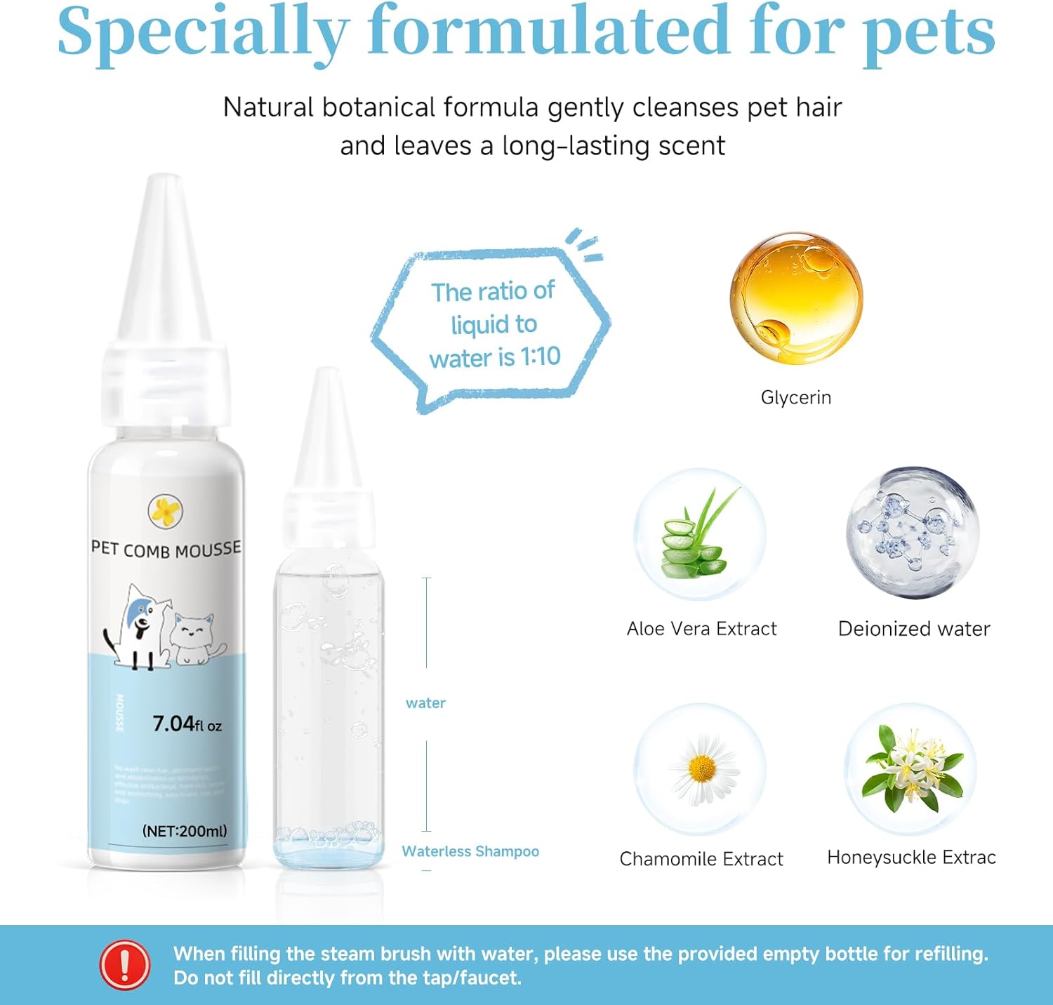 Pet Steam Brush Spray Refill for Dogs & Cats – Concentrated Waterless Shampoo, 3-in-1 Grooming Spray Comb Mist, 2*Shampoo(Steam Brush not Included)