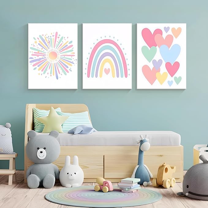 Dytial 3 Piece Toddler Girl Room Decor, Rainbow Wall Decor for Girls Bedroom, Colorful Boho Sunshine Paintings for Nursery Decor, Kids Room Wall Decor, Classroom Decoration 16x24 Inch