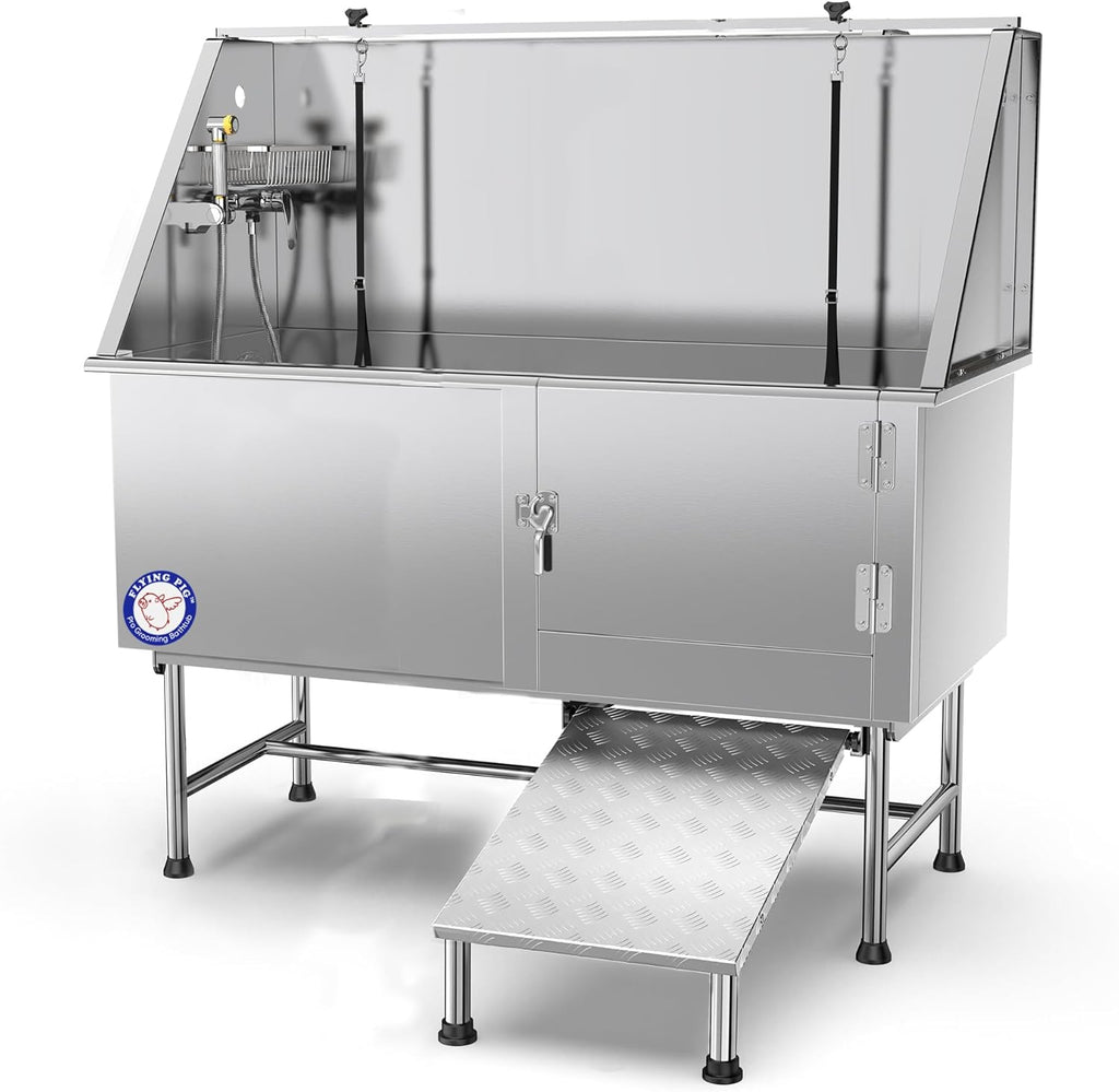Flying Pig Grooming 62" Stainless Steel Pet Dog Bath Tub with Faucet (Right door/Left Drain), 62 x 27 x 58"