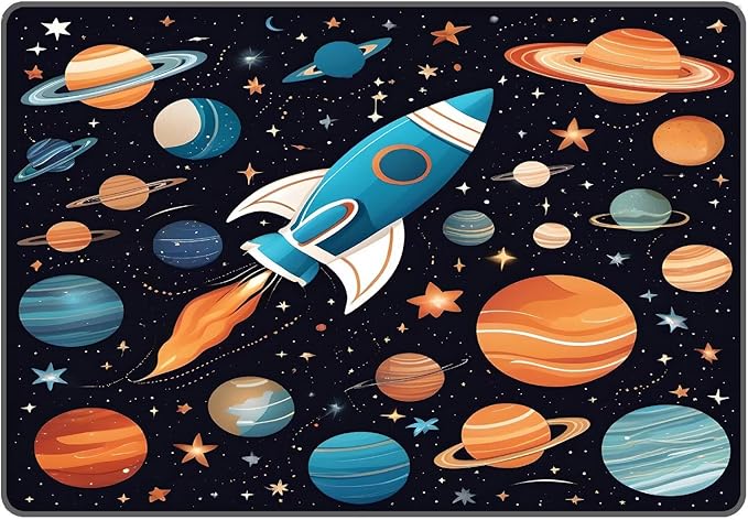Space Rocket Rug for Boys Room Rugs Cartoon Planet Carpet Galaxy Stars Printed Throw Rugs for Kids Teens Doormat Bedroom Living Room,31 in X 47 in