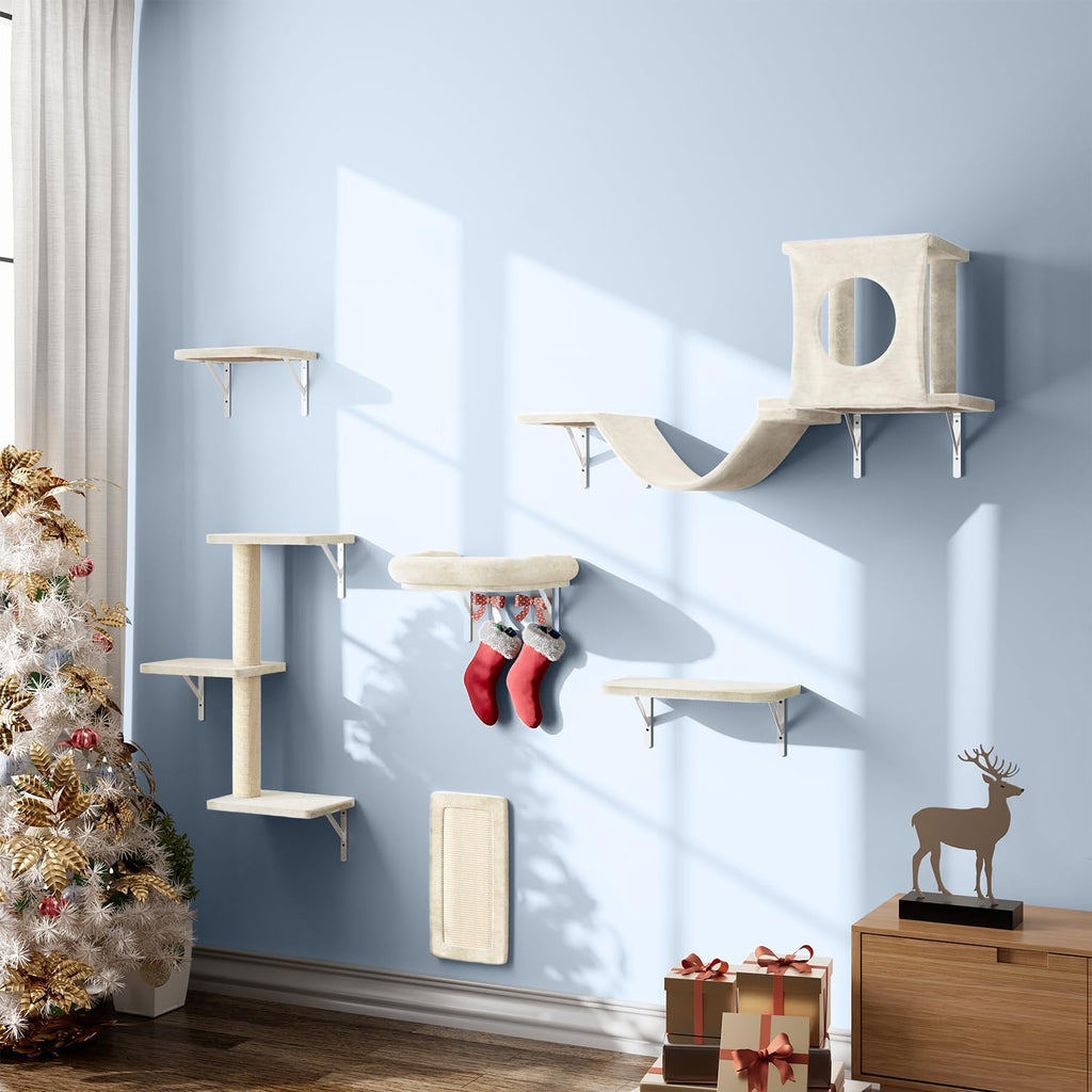 NUNU LAB Wall Mounted Cat Climber Set, 6 Pcs Cat Furniture Set with House, Bridge, Steps, Scratcher Board and Hammock, Shelves for Indoor, Luxury Walls Furniture(Beige)