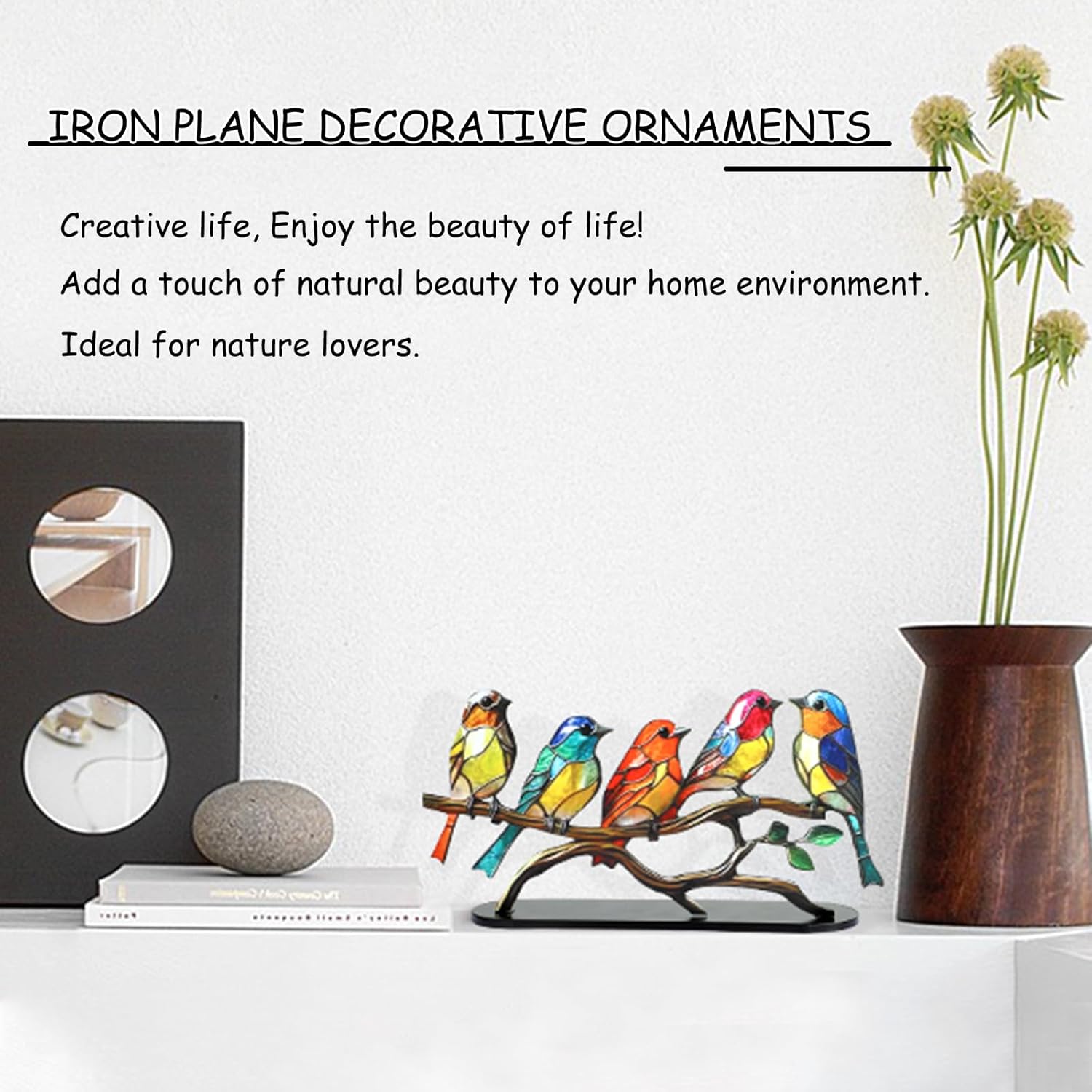 5 Birds on a Branch, Metal Desktop Decorations, Home Bird Decorations for Office, Window, Aviary, Garden, Gifts for Bird Lovers, Boxed Set.