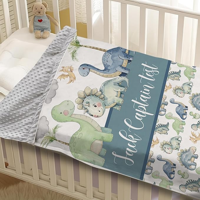 Personalized Baby Name Blanket for Boy Girl, Soft Flannel Blanket with Double Layer Dotted Backing for Newborn, Nursery Crib with Green Dinosaur Design, Baby Blanket Customized Gifts(30”x40)