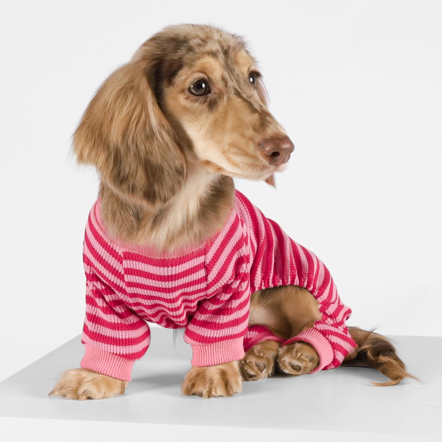 Fitwarm Pink and Red Striped Dog Pajamas, Waffle Dog Clothes for Small Dogs Girl Boy, Puppy Onesie with Feet, Pet Cat Outfit, Large