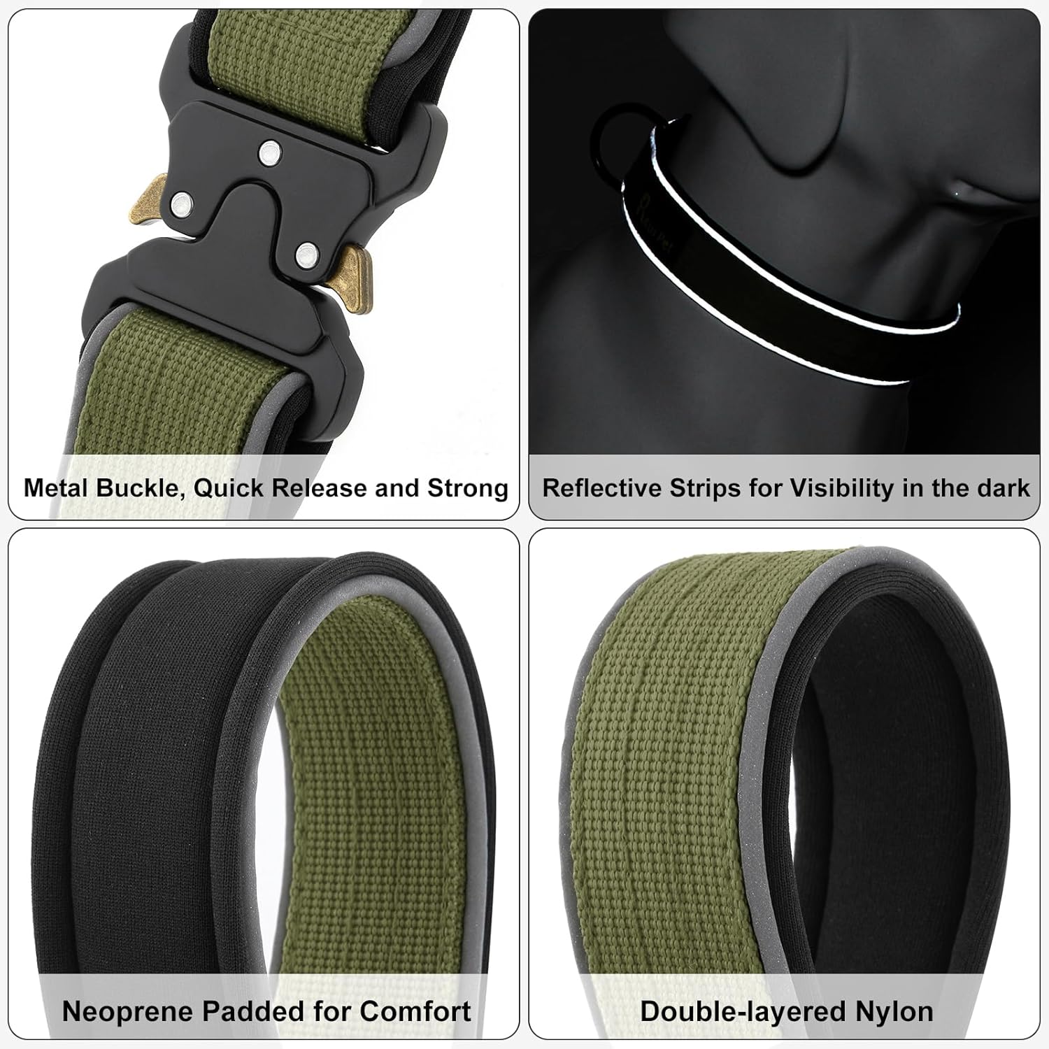 Plutus Pet Tactical Dog Collar, Reflective, Adjustable Heavy Duty Dog Collar, Soft Padded and Comfortable, for Small Medium and Large Dogs (Ranger Green, XS)