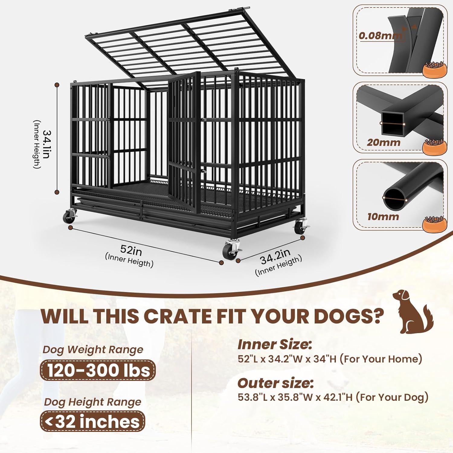LEVELEVE 54 Inch Heavy Duty Indestructible Dog Crates for Large Dogs，Escape Proof Dog Cage Large Dogs with Lockable Wheels，Dog Kennel Furniture Indoor&Outside