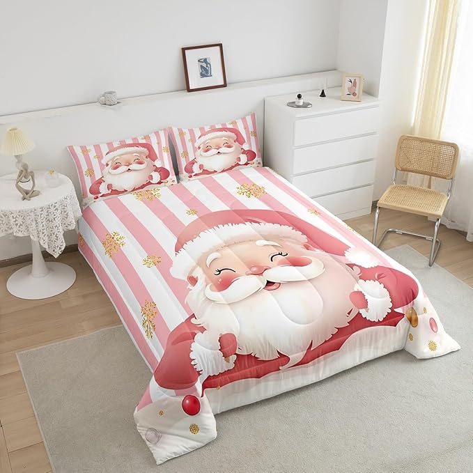 Feelyou Merry Christmas Decorations Queen Size Comforter Set Santa Claus Bedding Set Pink Quilt Set Soft Warm Lightweight Duvet Set