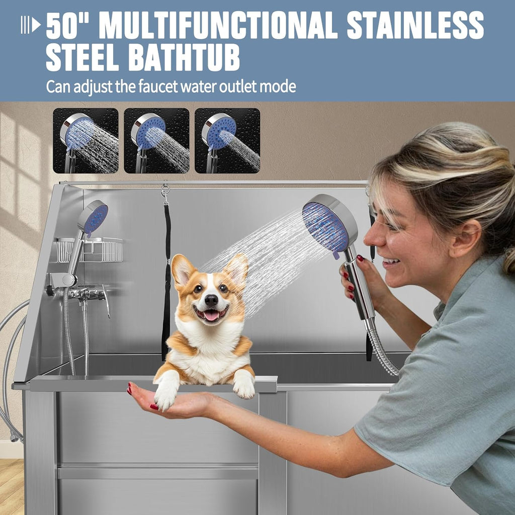 50" Dog Washing Station, Professional Stainless Steel Dog Bathing Station, Equipped/W Three Anti-Slip Steps, Removable Door, Upgraded Spray Nozzle&Hose - for Home, Pet Grooming Salon (50" Left ramp)