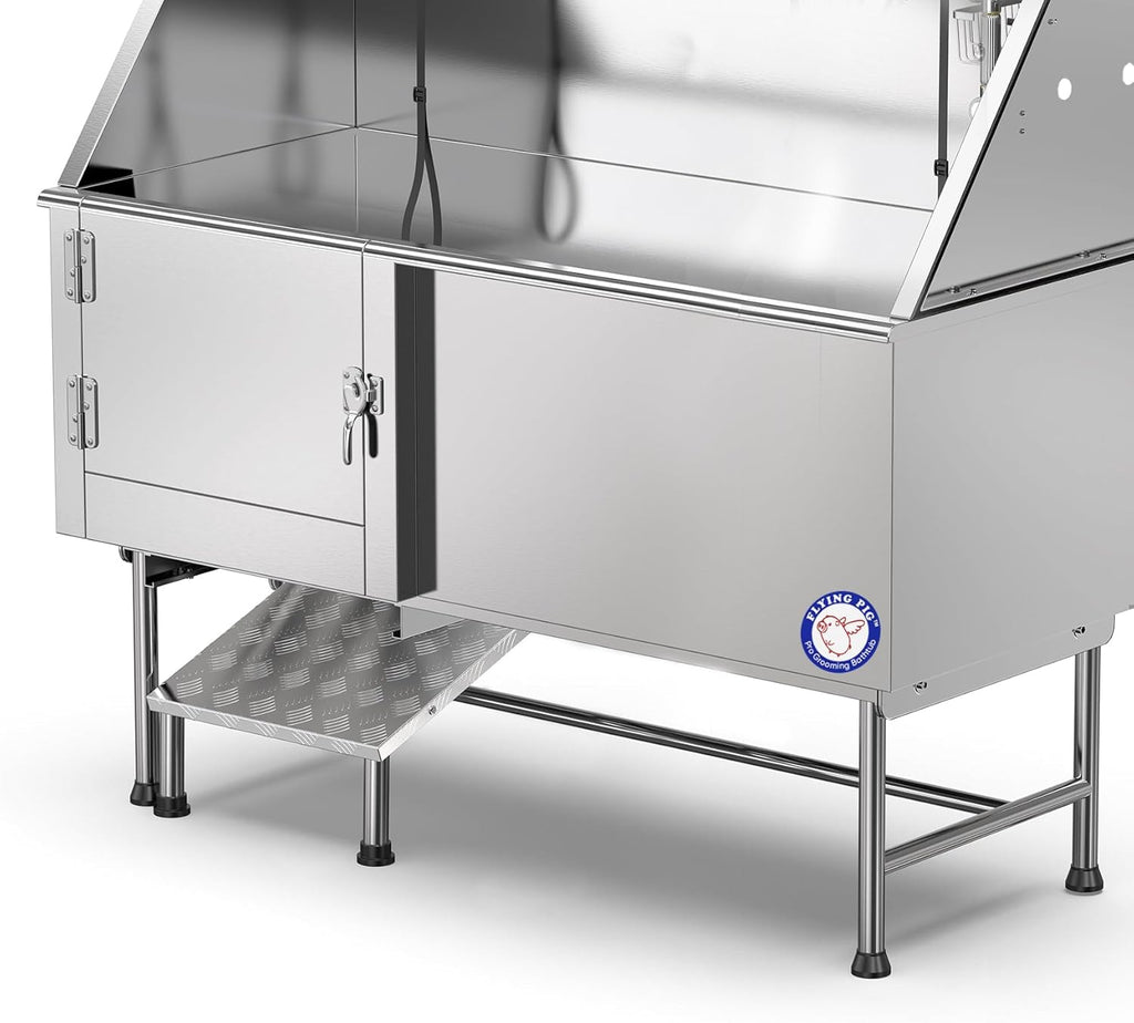 Flying Pig 62" Stainless Steel Pet Dog Grooming Bath Tub with Walk-in Ramp & Accessories (Left Door/Right Drain)
