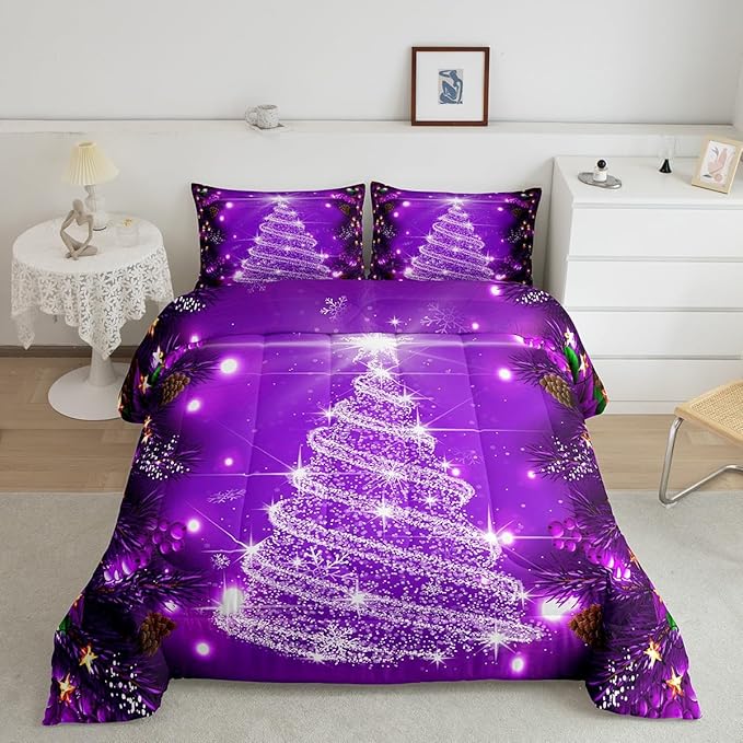 Feelyou Kids Merry Christmas Decorations Comforter Set, Kids Santa Tree Bedding Set Queen Size for Boys Girls Teens Xmas Christmas Bell Decor Comforter Glitter Purple Quilt Set