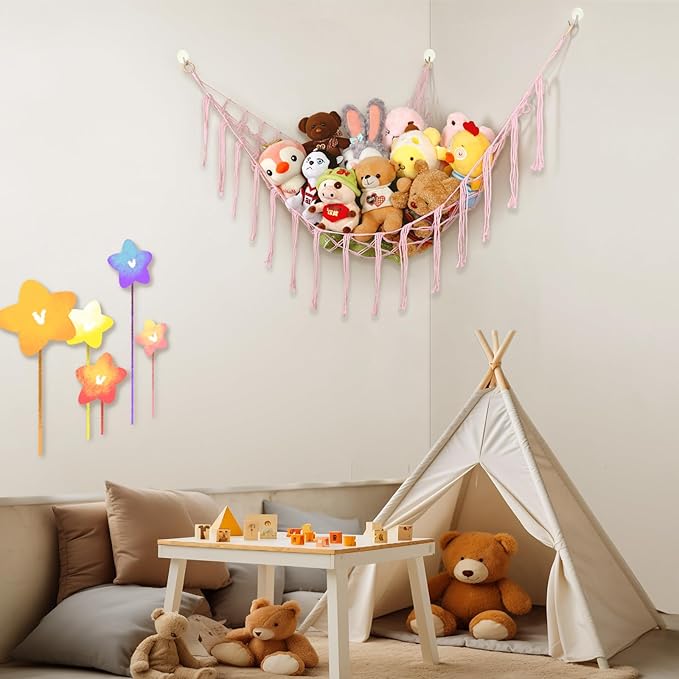 Stuffed Animal Hammock Corner, Hand-knitted Large Plushie Net Toy Hammock with Wooden Rings | Boho Cute Stuff Animal Storage for Nursery & Bedroom | Mesh Kids Toy Organizer Holder Nursery Room Decor