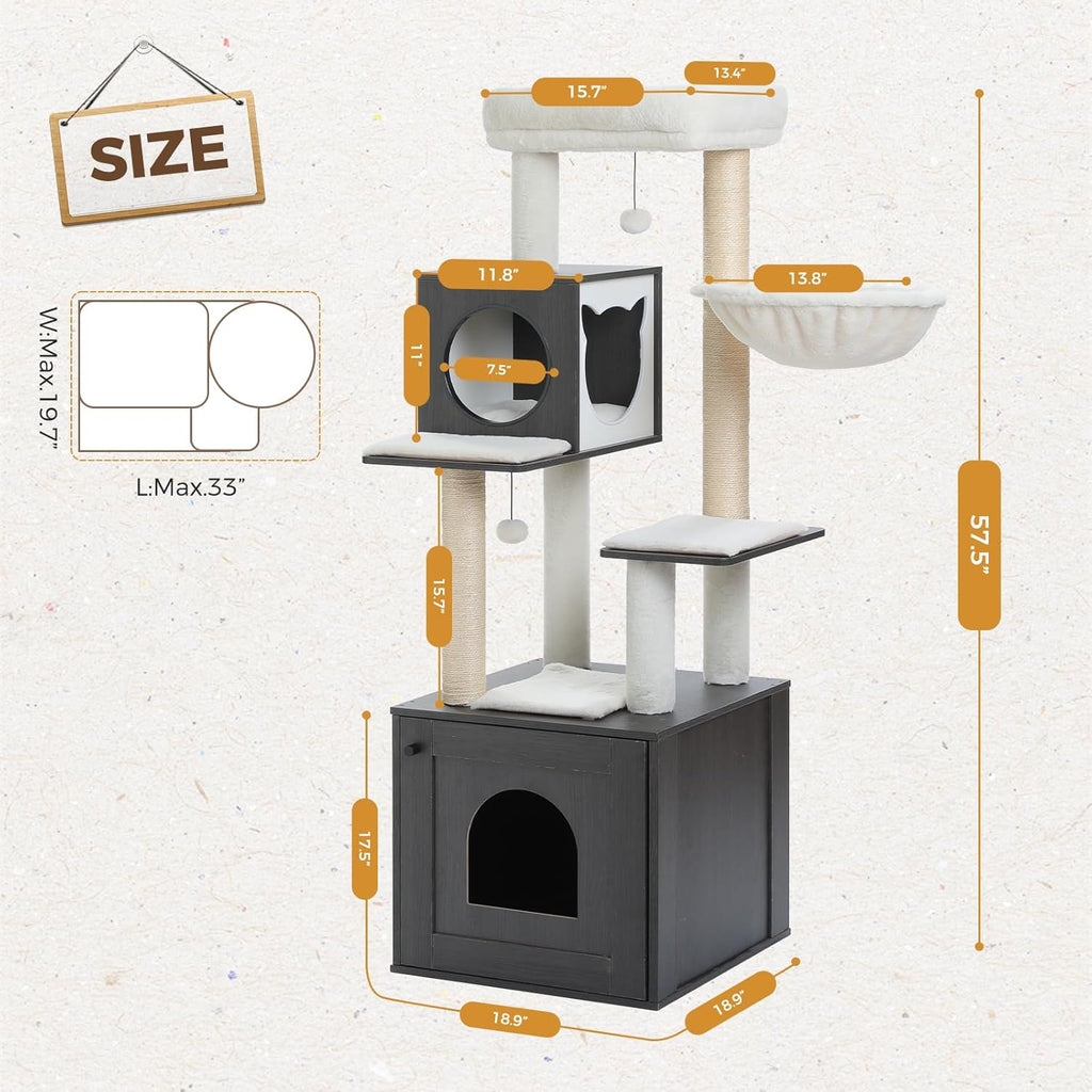 Tall Cat Tree with Litter Box Enclosure 57.5" Wooden Cat Tower for Large Cats with Cat Hammock House Bed (Pure Black)