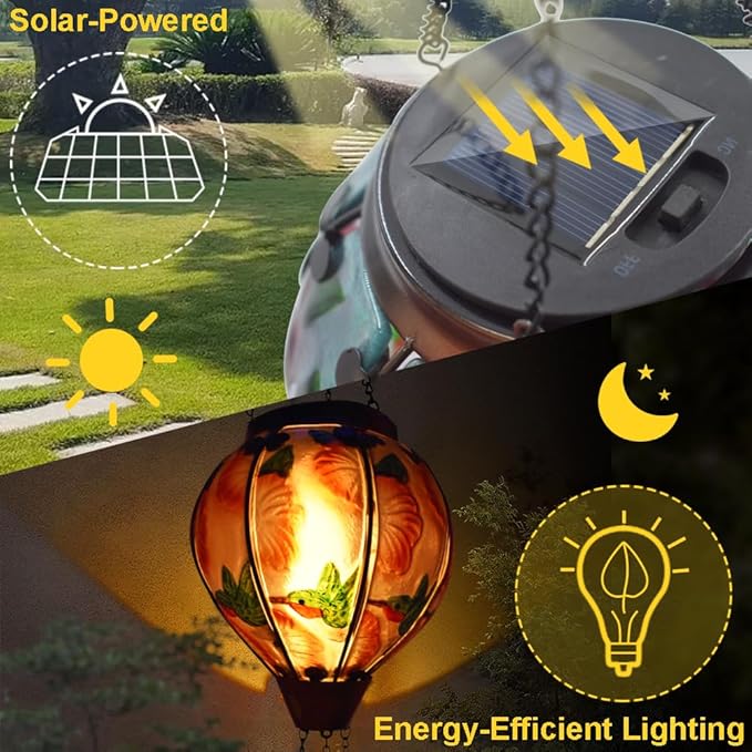 Hot Air Balloon Solar Lantern with Flickering Flame, Glass Hanging Garden Lights Outdoor Waterproof for Tree Yard Patio Mother's Day Gift, 18" H Hummingbird-Red