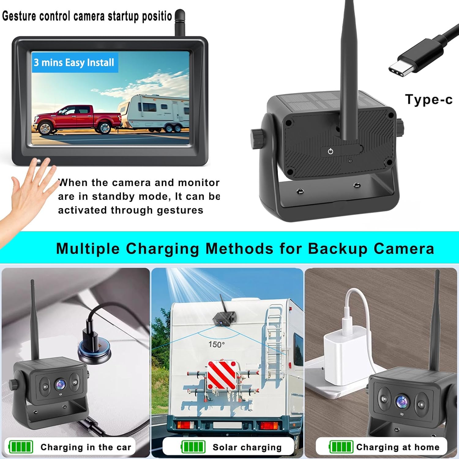 Wireless Backup Camera for Trucks & RVs, Solar - Powered - Magnetic, Portable, No - Drill, No - Wire Easy Install, Night Vision, Rechargeable with 5" HD Monitor systems for Car, Camper, Trailer