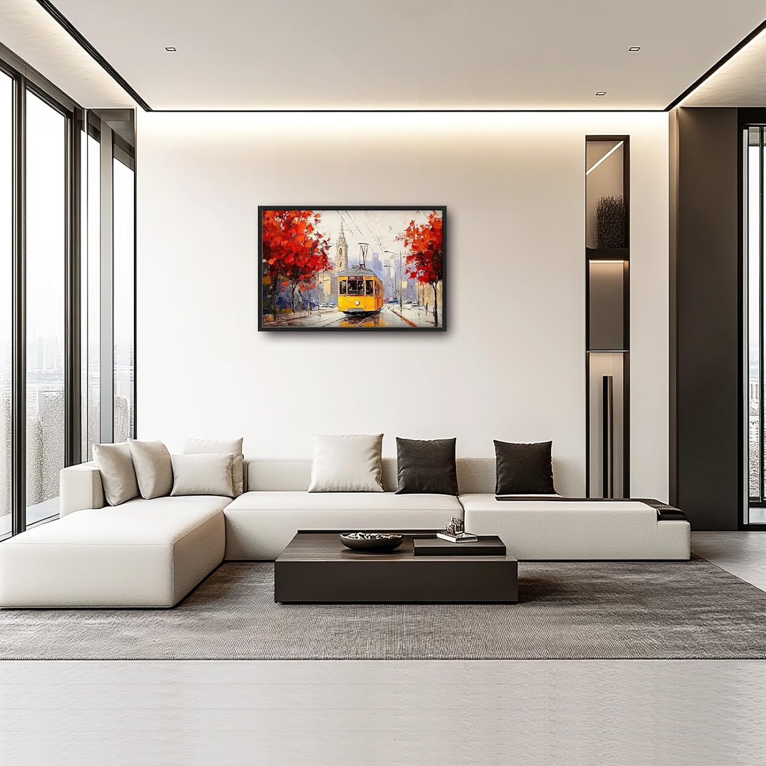 Large Cityscape Wall Art for Living Room, Framed Oversized Urban Tram Wall Decor Tree Landscape Canvas Painting Modern Artwork for Living Room Bathroom Bedroom Office Dining Room 36"x24"