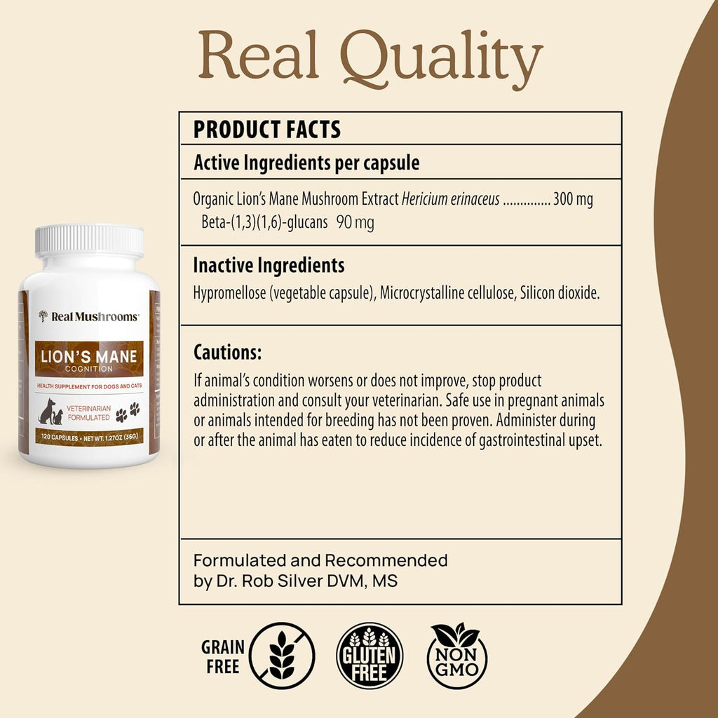 Real Mushrooms Lion’s Mane Pet Mushroom Supplement – Pet Wellbeing Capsules – for Cat & Dog Supplement & Vitamins – Support Mindful Routines – Organic, Vegan, Non-GMO, 120 Count