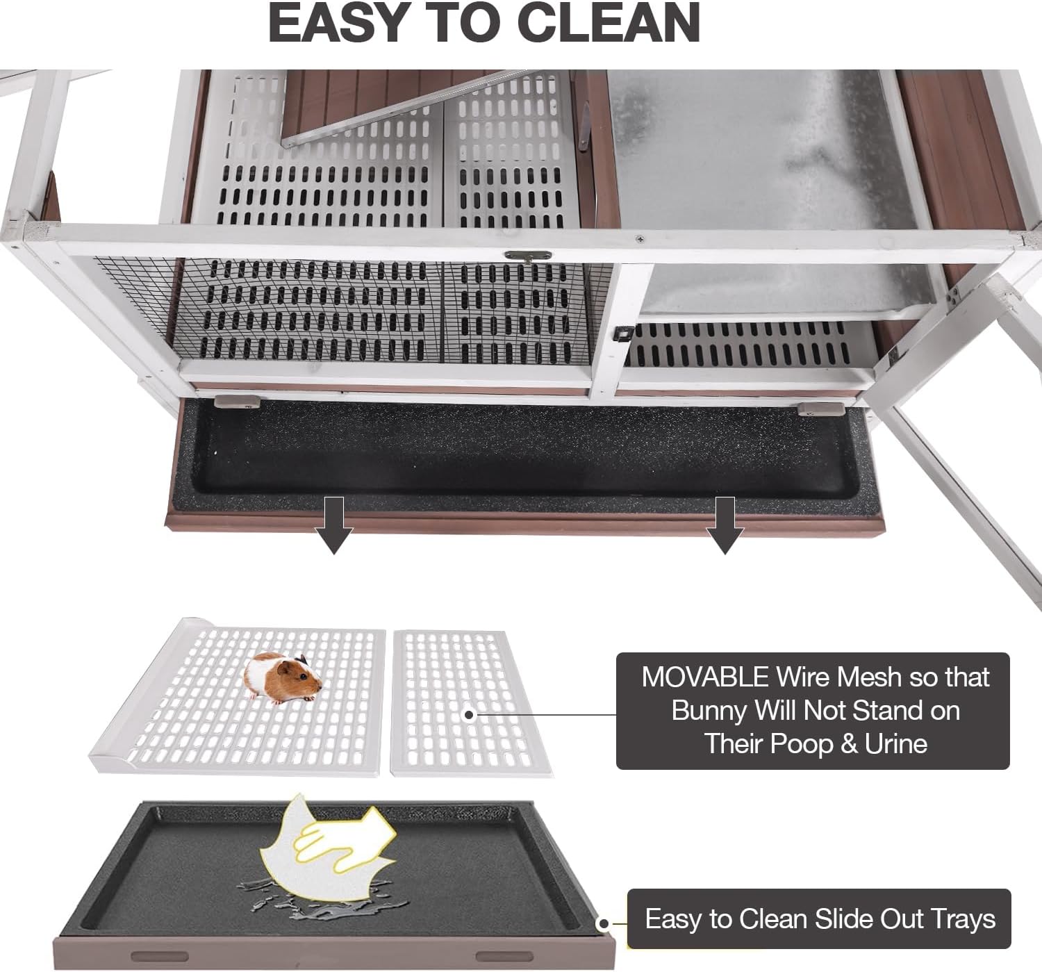 Guinea Pig Cage Indoor with Cool Zinc Plate Rabbit Hutch with Wheels and Removable Proof Tray Elevated Legs Hamster Cage with Chew-Resistant Metal Frame 36.6" L（Brown）