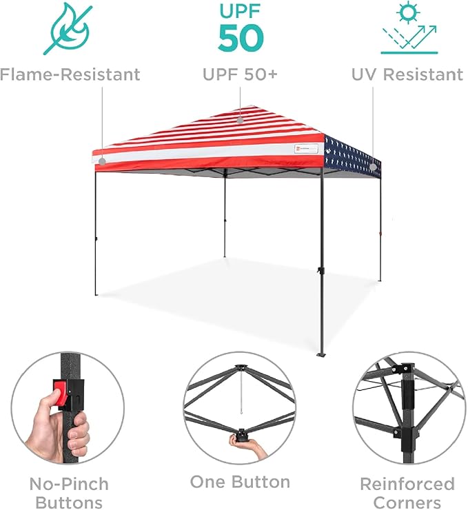 Best Choice Products 10x10ft 1-Person Setup Pop Up Canopy Tent Instant Portable Shelter w/ 1-Button Push, Case, 4 Weight Bags - American Flag