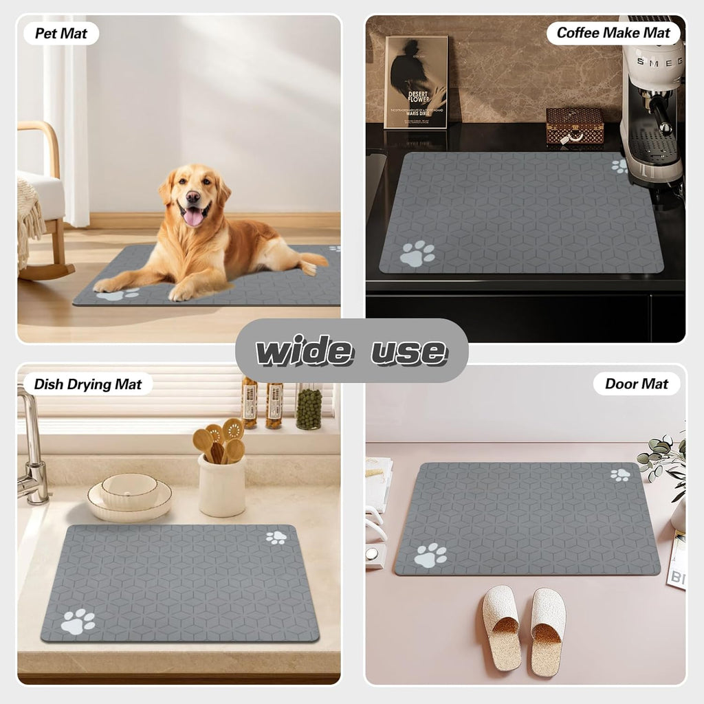 Le courant Cat & Dog Feeding Mat for Bowl,Pet Eating mat,Absorbent-Non-Slip.Quick Dry Dog Water Bowl Dispenser Mat,Backing Pet Placemat for Messy Drinkers,Grey.Dog Paw-15.7x23.6 in