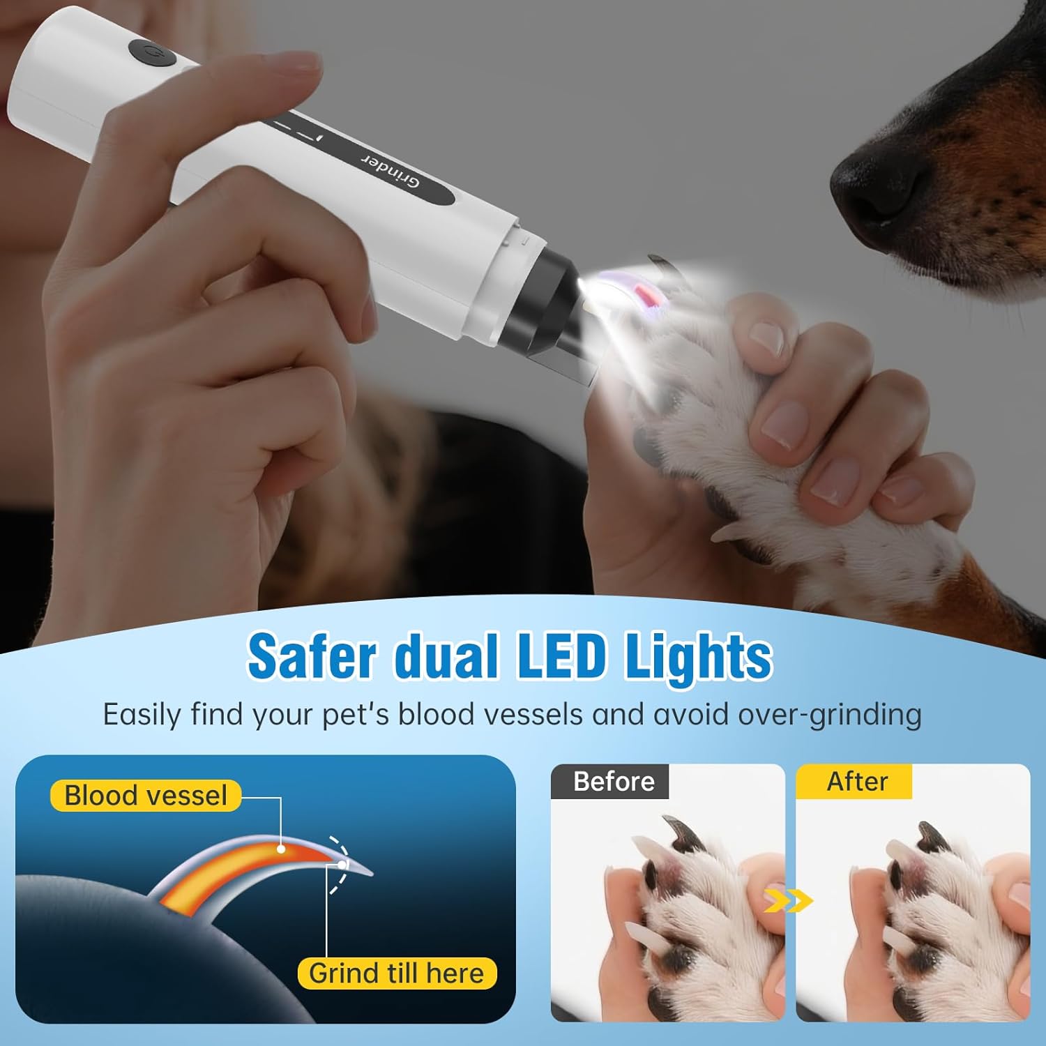 Dog Nail Grinder, 7-Speed Electric Dog Nail Trimmers with Dust-Absorbing Sponge & File for Small/Medium/Large Dogs & Cats, Rechargeable Dog Nail Clippers Grooming Kit Includes Storage Bag