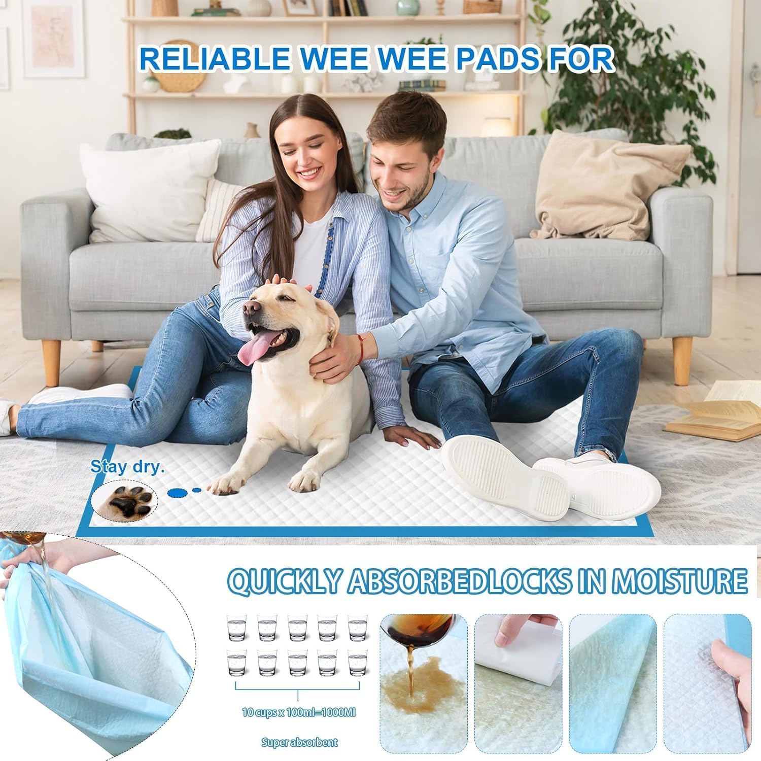 XXXL Puppy Pee Pads for Dogs 36"x36" 40 Count, Extra Large Dog Pee Pads, Leak-Proof & Super Absorbent Dog Pee Pads, Thicken Disposable Potty Pads Puppy Training Pads for Cats Rabbits