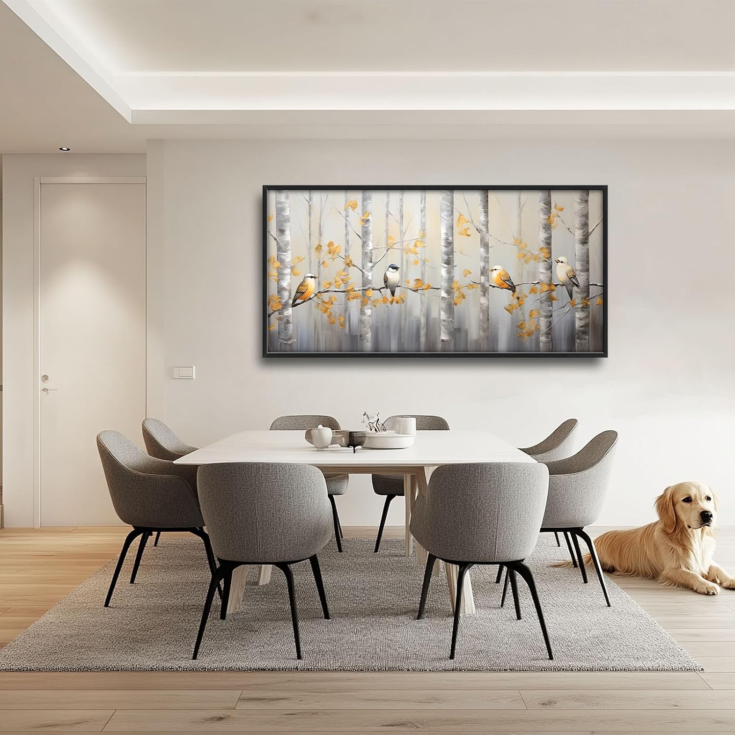 Quorin Bird Large Wall Art Abstract Forest Birds Pictures Wall Decor Yellow Woods Branches Tree Canvas Print Painting Artwork for Bathroom Living Room Bedroom 60L x 30W
