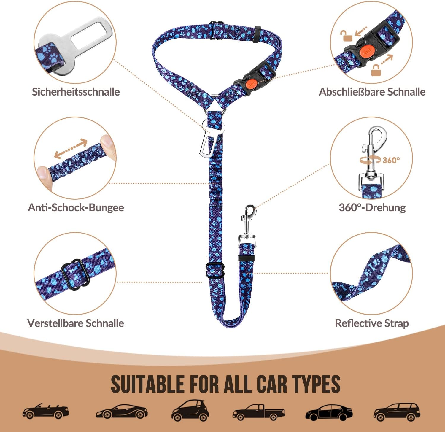 SlowTon Dog Seat Belt for Car, 2 Pack Dog Car Harness Seatbelt Adjustable with Elastic Bungee Buffer, 2 in 1 Pet Car Leash Headrest Restraint Dog Reflective Safety Tether (S, Blue, Headrest+Clip)