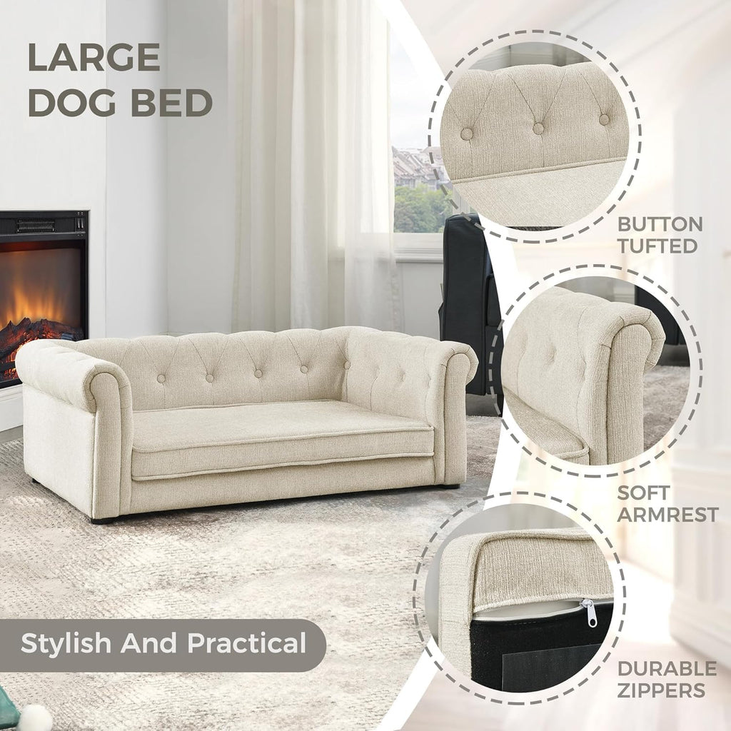 Dog Sofa Couch for Medium to Large Dogs, 31" Memory Foam Dog Couch with Washable Fabric, Removable Cushion, Sofa Bed for Medium and Large Dogs, Beige