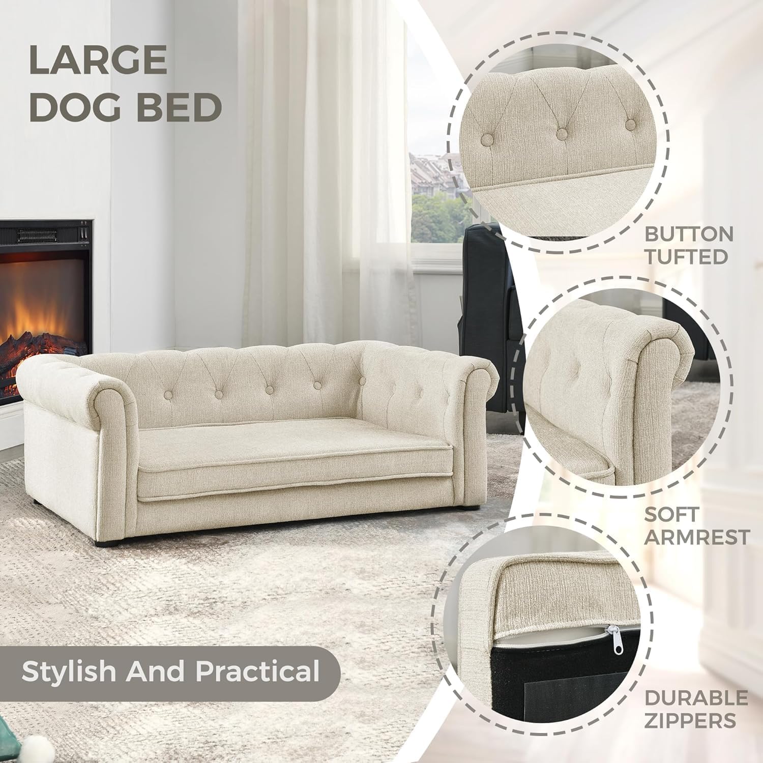Dog Sofa Couch for Medium to Large Dogs, 31" Memory Foam Dog Couch with Washable Fabric, Removable Cushion, Sofa Bed for Medium and Large Dogs, Beige