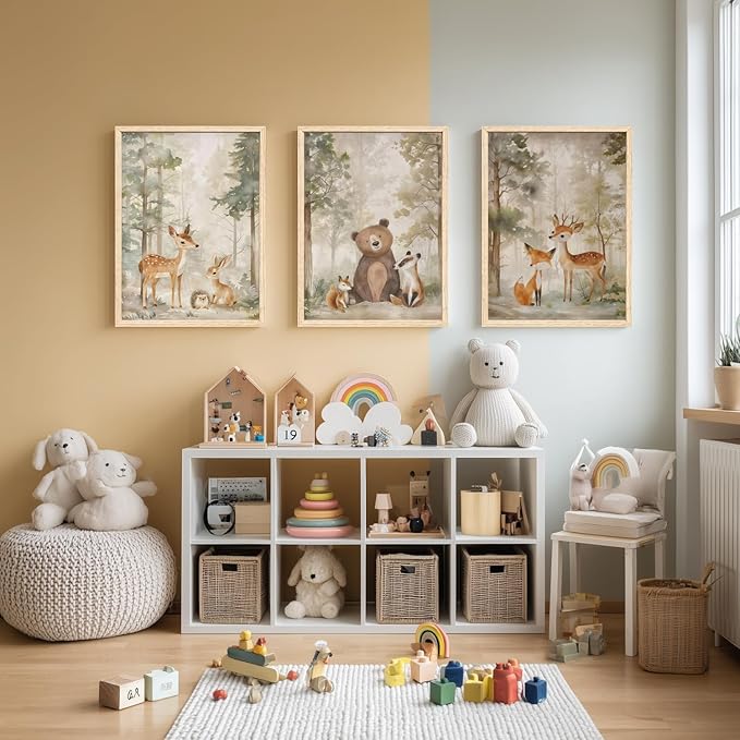 Cyebmo Woodland Animals Wall Art Set of 3, Baby Boy Wild Forest Animals Wall Decor, Deer Bear Fox Canvas Painting, Neutral Aesthetic Pictures for Kids Room Benroom Nursery Wood Framed 12"x16"x3