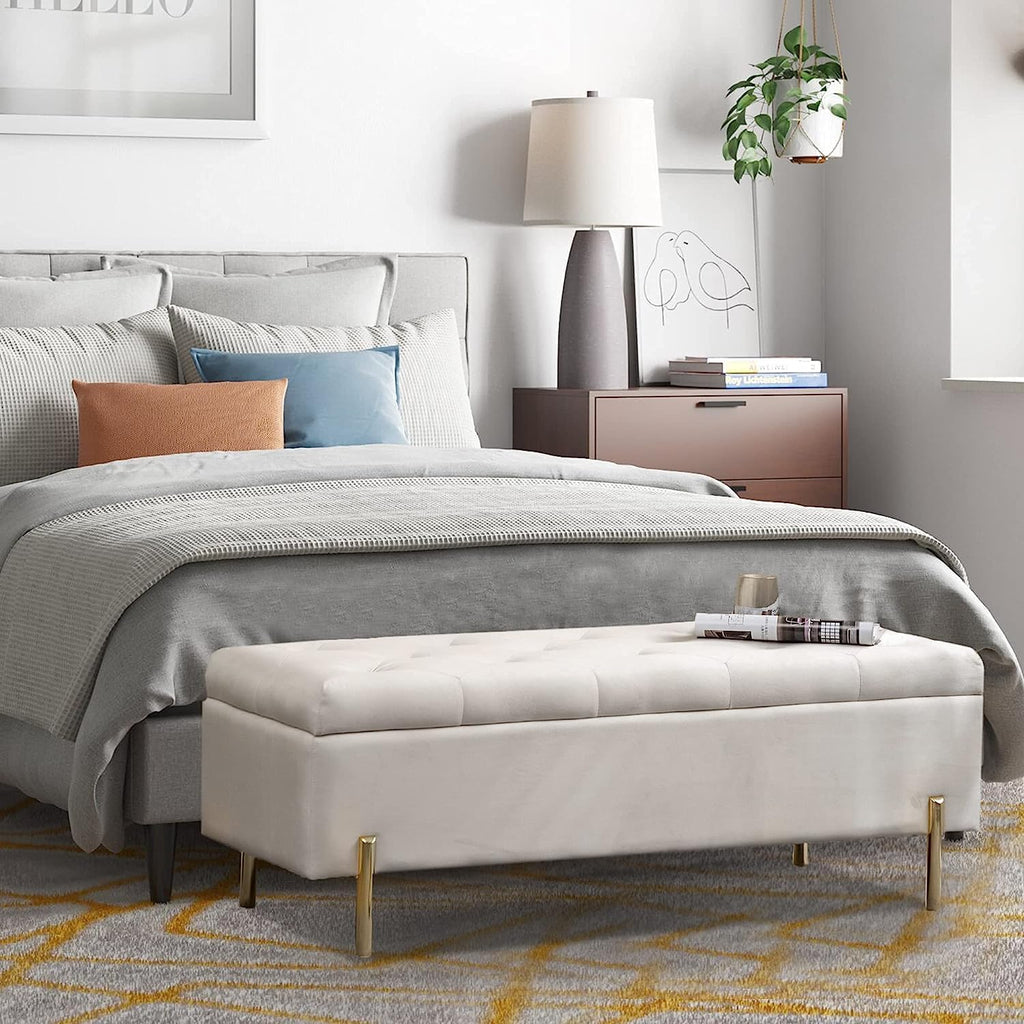 45.6 Inch Velvet Storage Bench Upholstered Tufted Settee Ottoman Bench with Storage, Bed End Bench with Soft Close Lid, for Bedroom, Living Room, Entryway, Rectangular Accent Bench, Beige