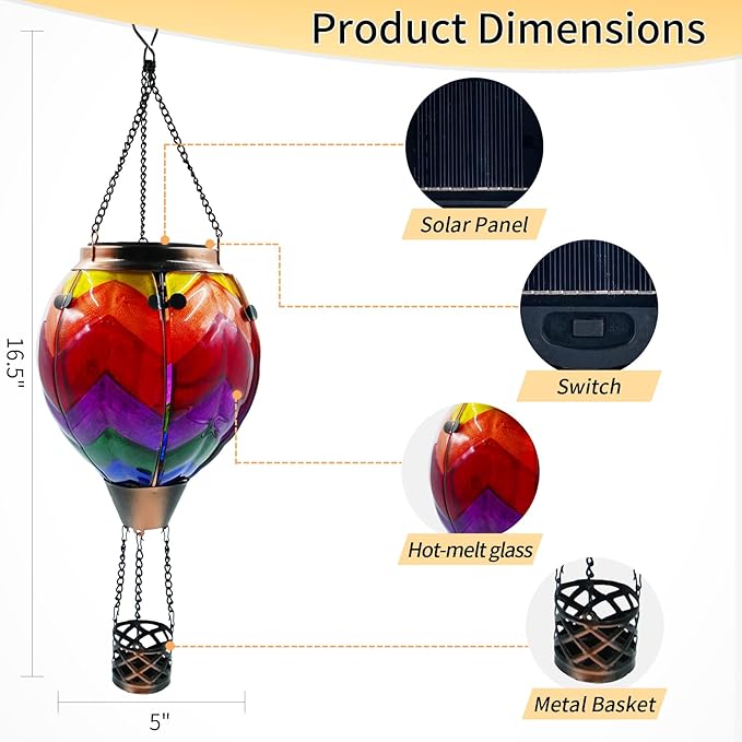 Glass Solar Hot Air Balloon Lantern with Flame Hanging Garden Flickering Light Outdoor Waterproof for Yard Patio Tree Mother's Day Gift, Wavy-Colorful