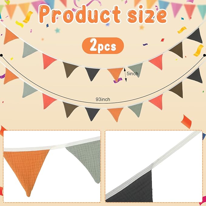 Oudain 15.5 ft Pennant Banner Flags, 2 Pcs Nursery Garland Triangle Bunting Flag Baby Banner for Nursery Decor Baby Birthday Boho Wedding Shower Party Event, Each 7.75 ft(Rustic Color)