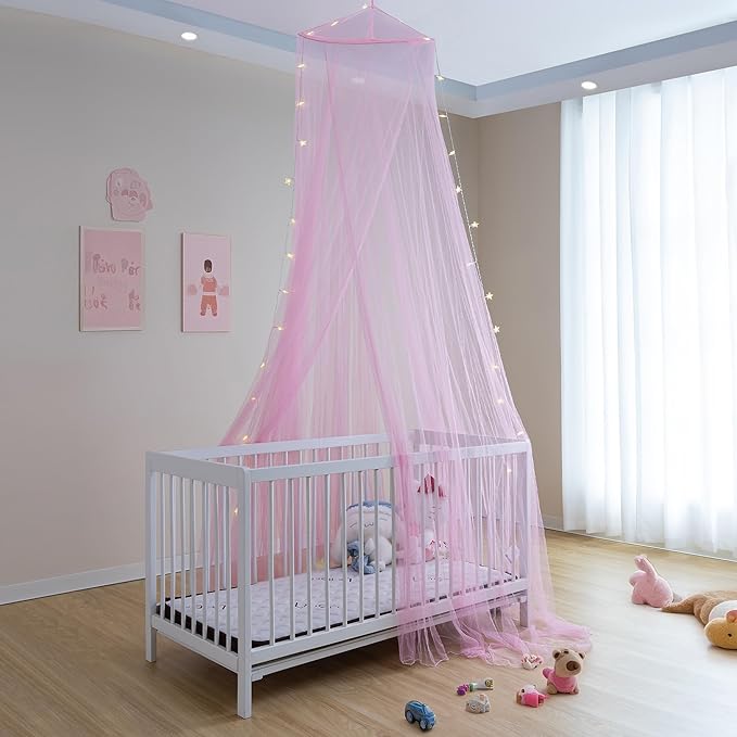 lazyzzz Bed Canopy for Girls with Glowing Stars, Canopy Bed Curtains Dome Mosquito Net for Queen King Size Kids Bed, Princess Room Decor Ceiling Tent for Baby Crib and Adult Bed