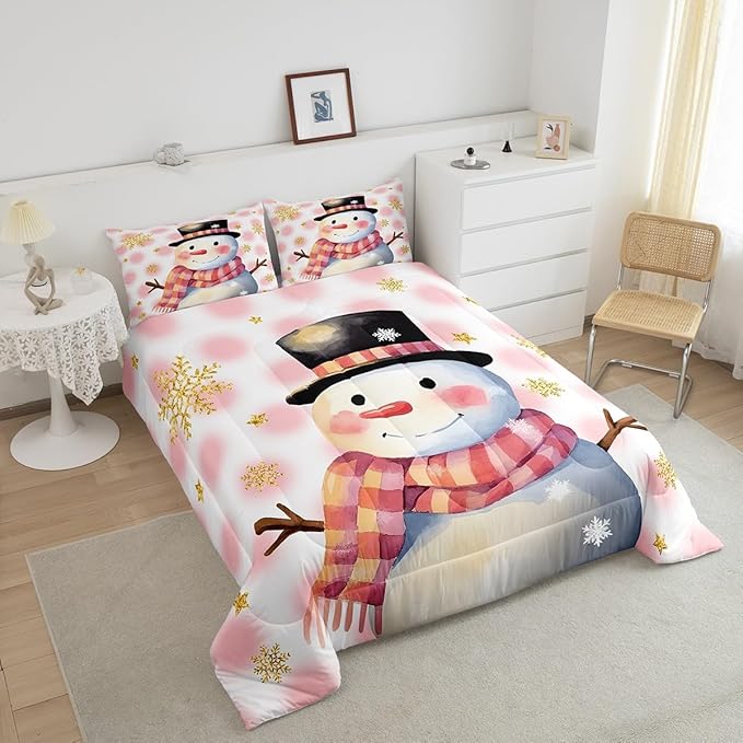 Feelyou Kids Merry Christmas Decorations Twin Size Comforter Set Xmas Snowman Bedding Set Pink Quilt Set Soft Warm Lightweight Duvet Set