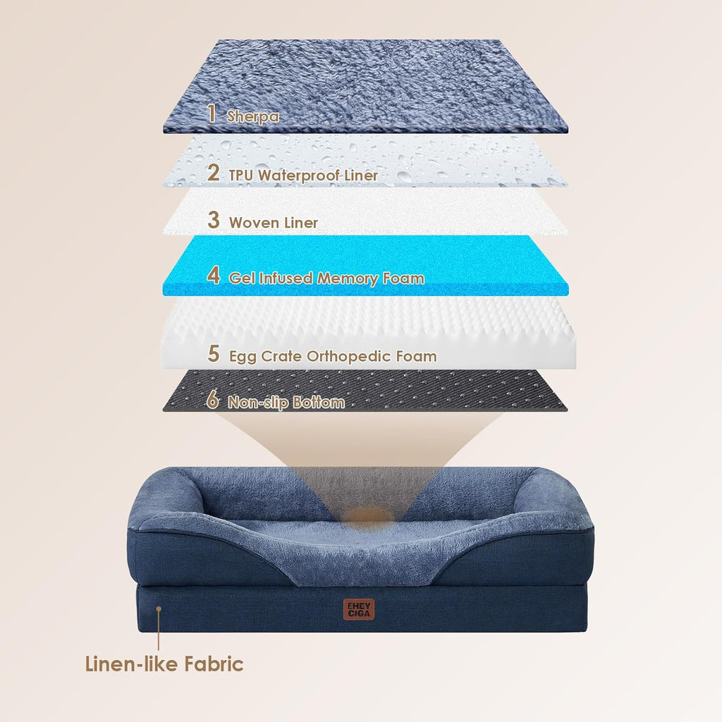EHEYCIGA Memory Foam XL Dog Bed for XLarge Sized, Extra Large Orthopedic Dog Sofa with Sides and Waterproof Liner, Washable Bolster Pet Couch with Removable Cover, 42x30x7.5 Inch, Navy