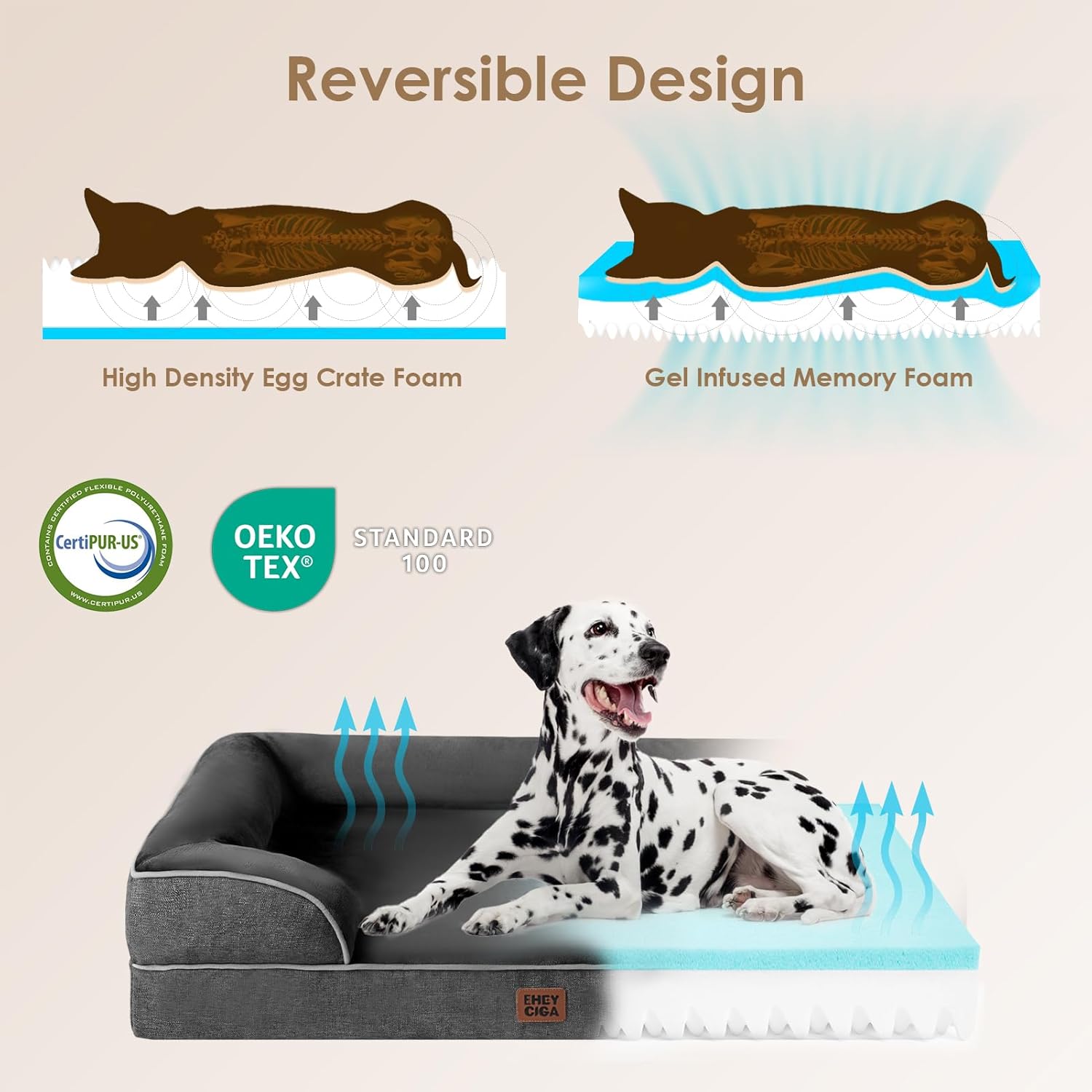 EHEYCIGA Orthopedic XL Dog Beds, Waterproof Memory Foam Dog Bed for Extra Large Dogs, Non-Slip Bottom and Egg-Crate Foam Big Pet Couch Bed with Washable Removable Cover, Dark Grey