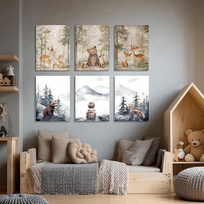 Cyebmo Framed Woodland Animals Wall Art Set of 3, Baby Boy Wild Forest Animals Wall Decor, Deer Bear Fox Wrapped Canvas Painting, Neutral Aesthetic Pictures for Kids Room Benroom Nursery 16"x24"x3