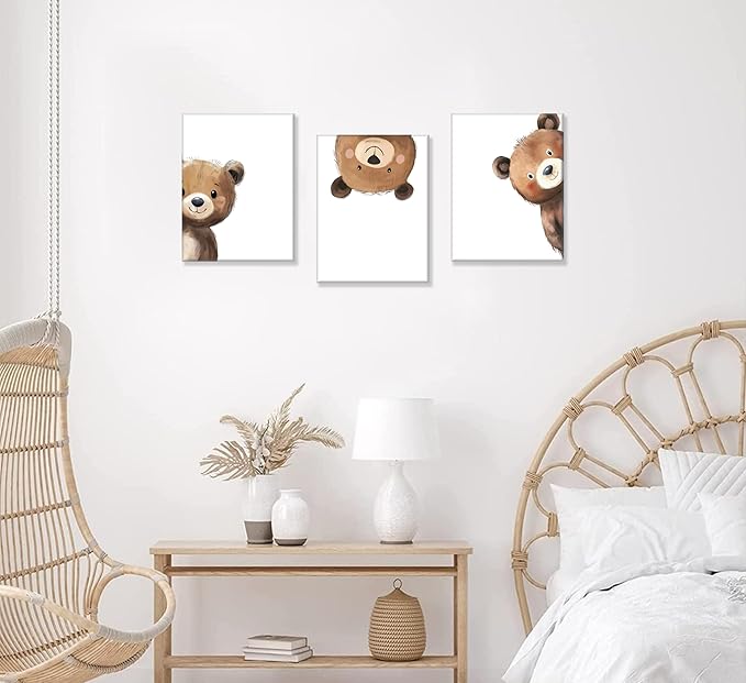 3Pcs Baby Teddy Bear Nursery Wall Art Peeking Bear Pictures Wall Decor Peekaboo Kids Room Decor Woodland Animal Posters Neutral Nursery Painting Canvas Print Artwork for Children's Baby Room Bedroom