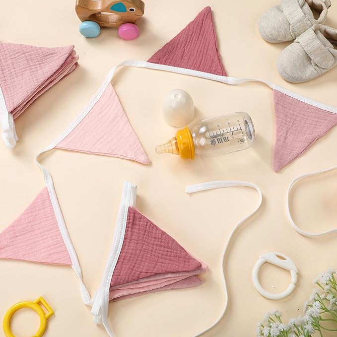 Oudain 15.5 ft Pennant Banner Flags, 2 Pcs Nursery Garland Triangle Bunting Flag Baby Banner for Nursery Decor Baby Shower Birthday Boho Wedding Party Event, Each 7.75 ft (Pink Color)