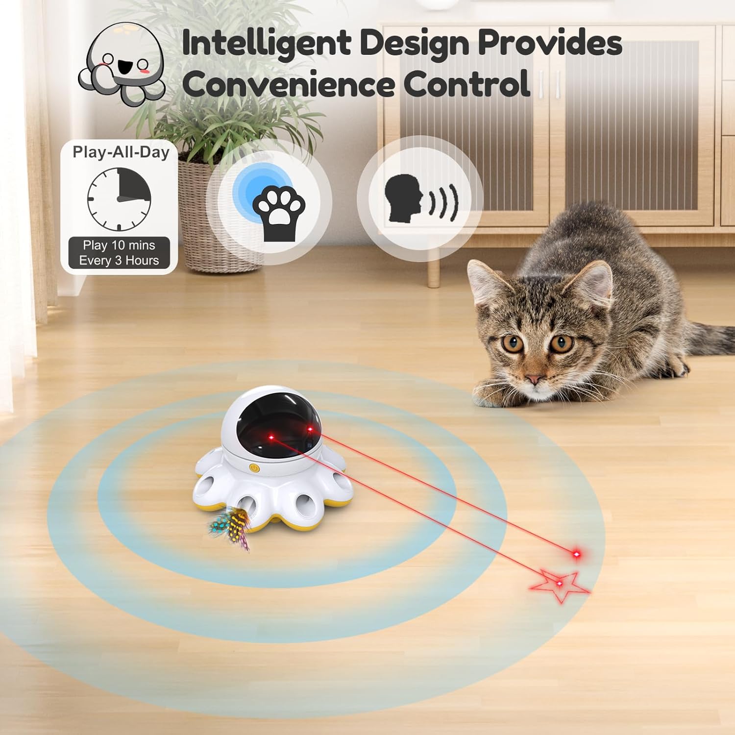 ORSDA Cat Laser Toy, 2-in-1 Interactive Automatic Motion Activated Moving 8 Holes Whack A Mole Feather, USB Rechargeable Electronic Smart Sensor Kitten Toys for Indoor Exercise