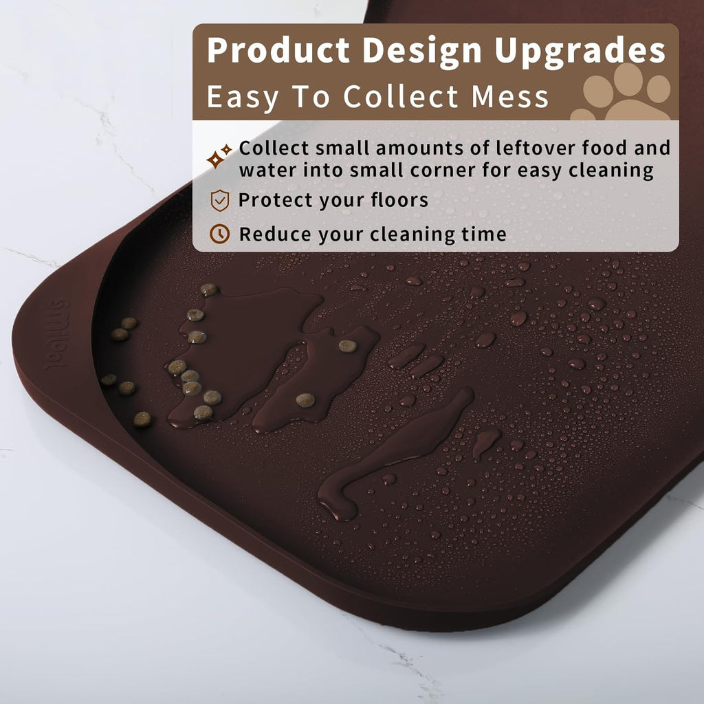 Silicone Pet Feeding Mat with Raised Edge & Residue Collection Pocket for Food and Water, Dog Bowl Mats, Cat Bowls Placemat with High Lip for Floor Waterproof, 22 x 14 x 0.8 Dark Brown