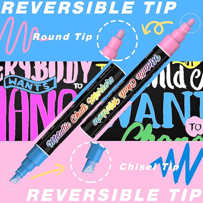 Liquid Chalk Markers Pens - 10 Metallic Colors Washable & Wet Erase Chalk Pens for Blackboard, Chalkboard Signs, Glass Window, Graduation Celebration School Kids Art - Erasable Window Markers for Cars
